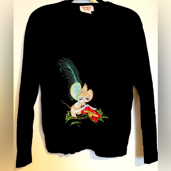 1960’s Vintage Country Craft Women’s Black Acrylic Mouse Mushroom Sweater Med - Picture 1 of 4